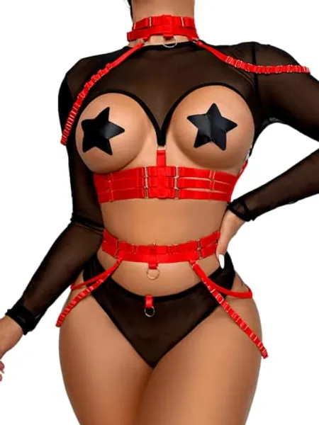 Kaei&Shi Rave Outfit, Adjustable Strappy, Contrast Color, Choker, Chain Belt