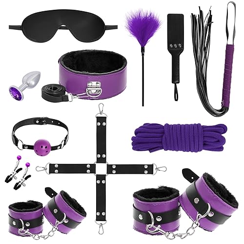 Rbenxia 12 PCS Sex Bondage BDSM Restraints Kits Fetish Handcuffs Ankle Cuff Collar Blindfold Whip Rope Nipple Clamps Paddle Anal Toys Ball Gag Adult Games Foreplay Sexy Toys Couples (Purple & Black) - Purple & Black