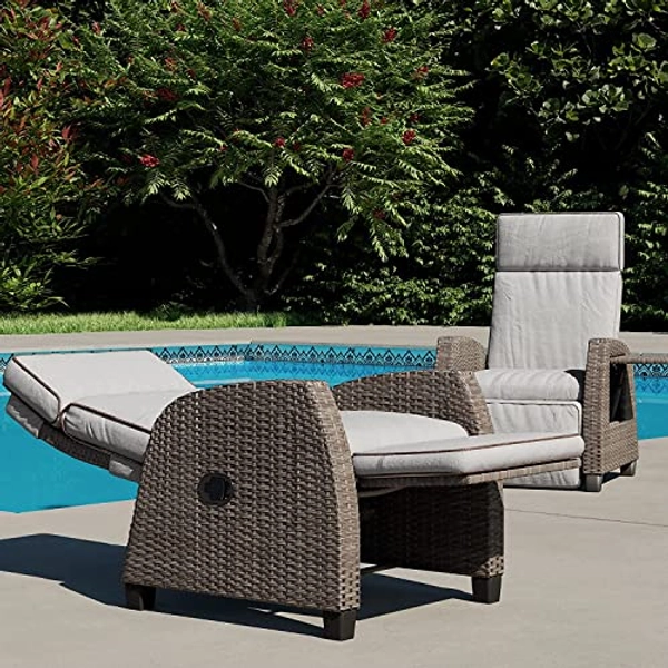 Grand patio Outdoor Recliners Set of 2 Patio Recliner Chair, All-Weather Wicker Lay Flat Reclining Patio Chairs, Flip-up Side Table, Recliner Chair, Griege
