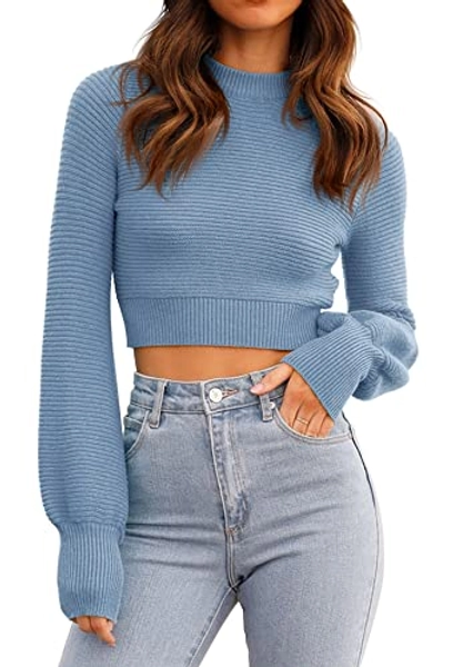 GeGekoko Womens Sexy Crew Neck Cropped Sweaters Ribbed Knit Long Sleeve Crop Tops Pullover