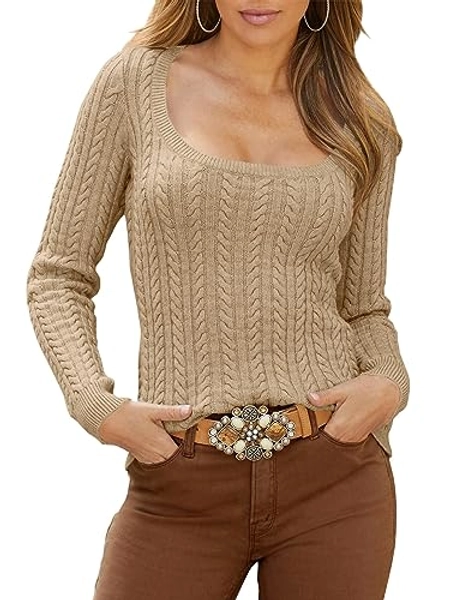Mafulus Women's Scoop Neck Cable Knit Pullover Sweaters Long Sleeve Slim Fit Solid Chunky Jumper Top