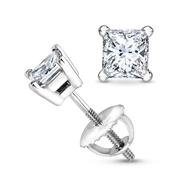 1/2-2 Carat Total Weight Princess Diamond Stud Earrings 4 Prong Screw Back (I-J Color I1-I2 Clarity)