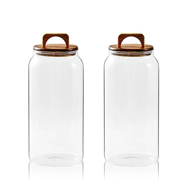 Sweejar Large Glass Candy Jars with Wooden Lids, 1.2 Gallon Glass Jar with Lid, Sugar/Flour Storage Containers, Big Glass Canisters with Airtight Lid, 2 Pack, Hand Lid