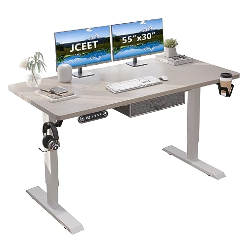 Jceet Electric Standing Desk with Drawer, 55x30 Inches Adjustable Height Sit Stand Up Desk with 4 Splice Boards, Home Office Desk Computer Workstation with Pale Pearwood Top/White Frame - 55x30 Inch - Pale Pearwood