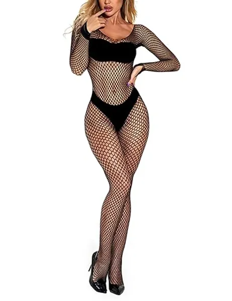 Women Fishnet Bodysuit Sexy Mesh Elastic One Piece Bodystockings Teddy Lingerie - One Size - 001black1