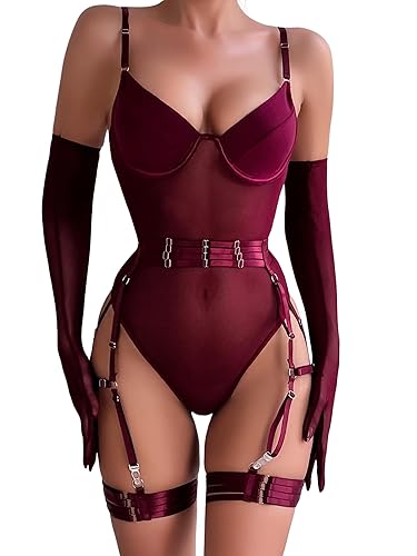 EVELIFE Women's Bodysuit Sexy Lingerie Set Lace Bodysuit with Garter Belt Gloves Mesh Teddy for Valentine Club - Wine Red - S