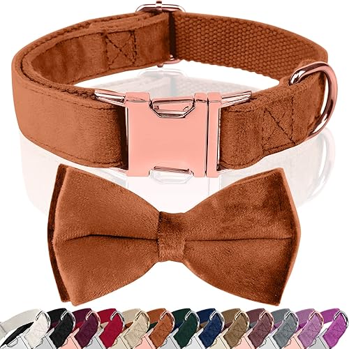 Asvin Dog Collar Velvet, With Bow Soft and Comfortable, Adjustable Dog Bow Tie, With Metal Quick Release Buckle, for Boys Girl Dog Wedding Collar Birthday, etc. - dark brown - XL: 37-60cm
