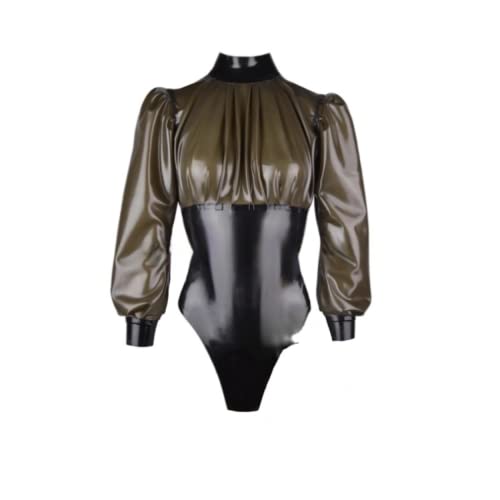 Transparenter schwarzer Latex-Fetisch-Badeanzug-Body mit Rüschen-Design und Reißverschluss hinten - Transparent Black And Black - L
