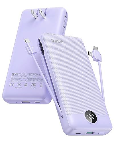 VRURC Portable Charger 20000mAh, Fast Charging Power Bank USB C,4 Output 2 Input Charging Bank Equipped with LED Display,Built-in Wall Plug and Cables,Cell Phone Replacement Battery,Purple - Purple