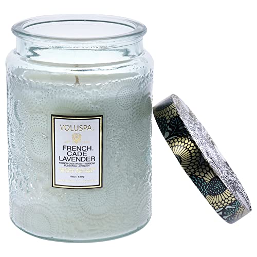 Voluspa French Cade Lavender Candle | Large Glass Jar | 18 Oz | 100 Hour Burn Time | All Natural Wicks and Coconut Wax for Clean Burning | Vegan - Jar Candle - Embossed - Large (18 Ounce)