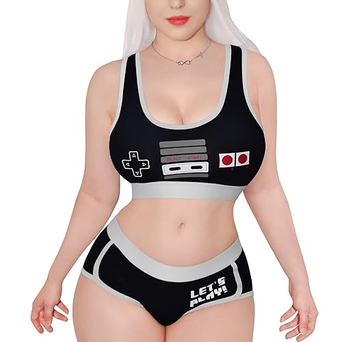 Littleforbig Women Cotton Camisole and Panties Sports loungewear Bralette Set - Let's Play Gamer Girl - Small - Black
