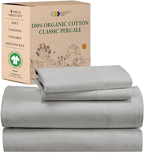 California Design Den Percale California King Sheets Set, Deep Pocket 100% Organic Cotton Sheets GOTS Certified, Soft, Breathable & Cooling Sheets Set, Light Grey Sheets - California King - 03 - Light Grey