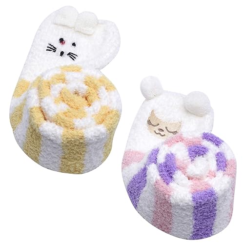 LittleForBig Cute Animal Coral Fleece Thigh High Long Striped Socks 2 Pairs - One Size - Purple-Yellow