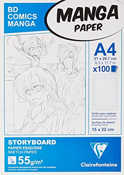 Clairefontaine 94038C Blocco collato Manga e Storyboard - 100 Fogli di carta per Schizzi Bianca A4 21x29,7 cm 55g - Carta stampata con una Griglia divisa in 6 riquadri