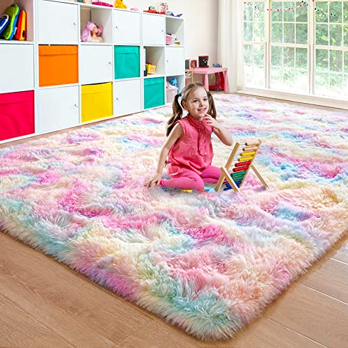 junovo Soft Rainbow Area Rugs for Girls Room, Fluffy Colorful Rugs Cute Floor Carpets Shaggy Playing Mat for Kids Baby Girls Bedroom Nursery Home Decor, 6ft x 9ft Tie-Dyed Rainbow - 6ft x 9ft - Rainbow