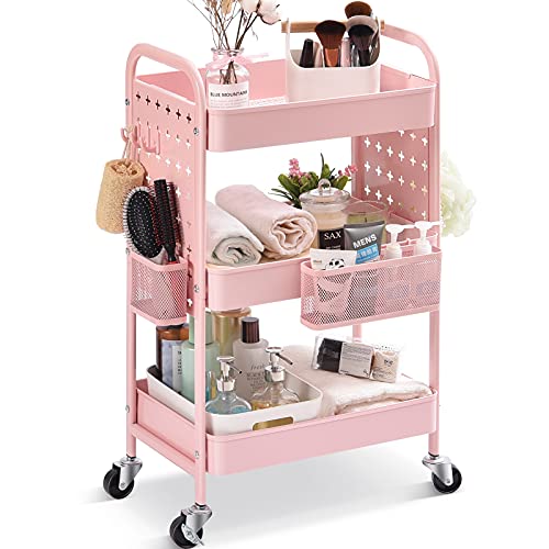TOOLF 3-Tier Utility Cart, Metal Rolling Storage Cart with DIY Pegboards, Art Craft Trolley with Baskets Hooks, Organizer Serving Cart Easy Assemble for Office, Bathroom, Kitchen, Kids' Room, Pink - Pink