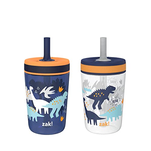 Zak Designs Kelso Toddler Cups For Travel or At Home, 15oz 2-Pack Durable Plastic Sippy Cups With Leak-Proof Design is Perfect For Kids (DinoRoar, Zaksaurus) - DinoRoar & Zaksaurus