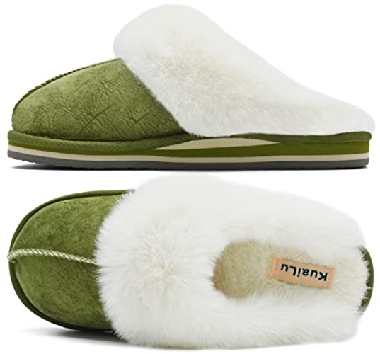 KuaiLu Womens Fluff Dual Memory Foam Slippers Ladies Cozy Arch Support Warm Scuff Slippers Slip on Comfy Winter House Shoes with Non-Slip Indoor Outdoor Hard Sole - 10 - Green