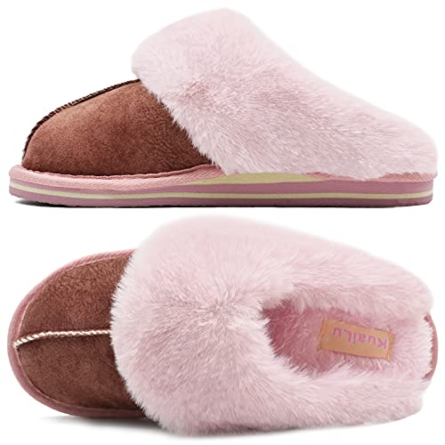 KuaiLu Womens Fluff Dual Memory Foam Slippers Ladies Cozy Arch Support Warm Scuff Slippers Slip on Comfy Winter House Shoes with Non-Slip Indoor Outdoor Hard Sole - 10 - Pink