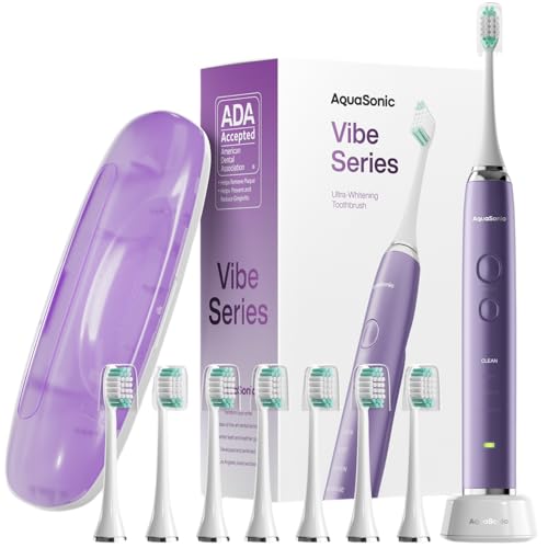 Aquasonic Vibe Series Ultra-Whitening Toothbrush – ADA Accepted Power Toothbrush - 8 Brush Heads & Travel Case – 40,000 VPM Motor & Wireless Charging - 4 Modes w Smart Timer – Satin Violet - Satin Violet