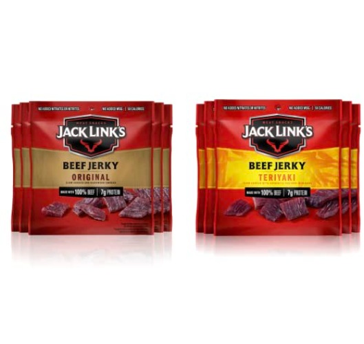 Jack Link's Beef Jerky, Original + Teriyaki – Flavorful Meat Snack for Lunches, Ready to Eat Snacks, Made with 100% Beef – 0.625 Oz Bags (Pack of 10) - Original & Teriyaki - 0.625oz (Pack of 10)