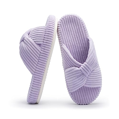 Chantomoo Slippers for Women Memory Foam House Bedroom Corduroy Bow Crossbands Slide Slipper Shoes Comfy Trendy Gift Slippers - 7-8 - Light Purple