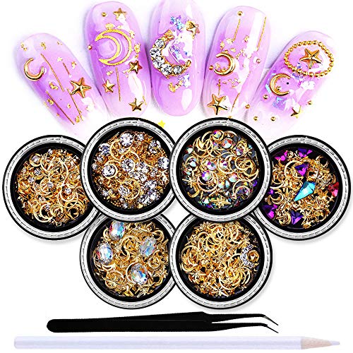 SILPECWEE 6 Boxes 3d Nail Rhinestones And Studs Gold Nail Rivets Set Nail Crystals Clear Nail Jewelry Decorations Manicure Kit With 1Pc Tweezers And Picker Pencil - Mix Decoration Kit