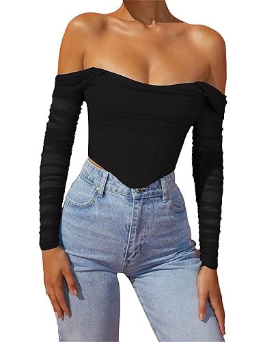 Baonmy Bustier Corset Top for Women Long Sleeve Corset Top Off the Shoulder Vintage Boned Mesh Bustier Corset Top Zip Back - A-black - X-Small