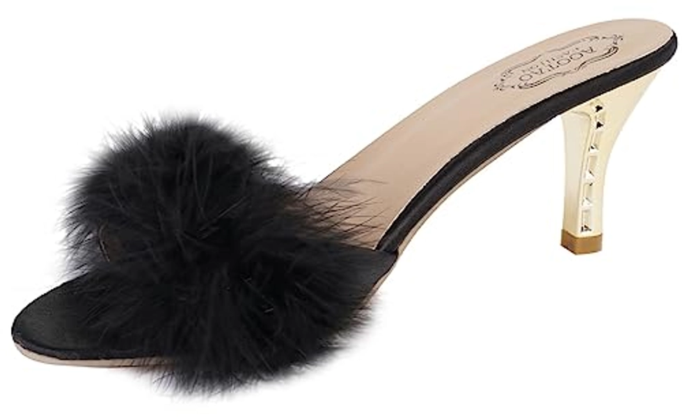 Addace Furry Heel Slippers Women's Slippers Faux Fur Kitten Heels Cute Sexy Fuzzy Heel Slippers