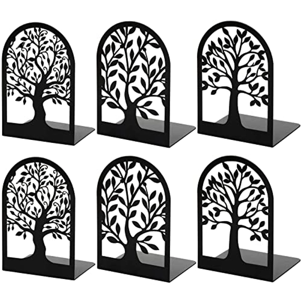 Metal Bookends for Shelves Decorative, Tree Stopper for Heavy Books, Black Ends to Hold Books for Home Office, 6.5 X 4.7 X 3.5 Inch(3 Pairs/6 Pcs, Large)