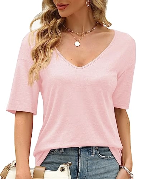 Sherosa Womens T Shirts V-Neck Half Sleeve Loose Fit Shirts Casual Solid Basic Tops