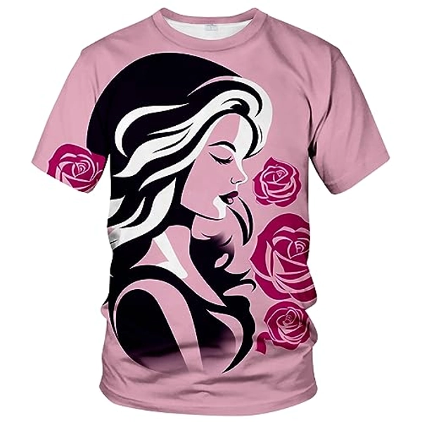 LAOLIUSN Pink Portrait Woman T-Shirt Romantic Cartoon Theme Tee Shirt
