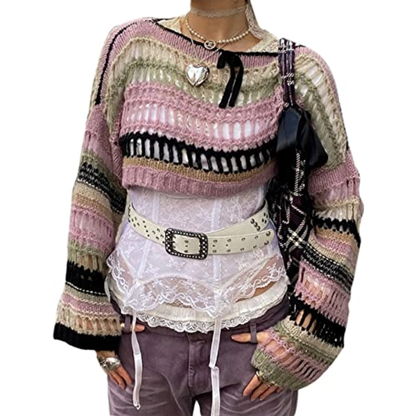 ABYOVRT Women Knit Crochet Hollow Out Fishnet Top Long Sleeve See Through Mesh Shirt Sexy Club Streetwear