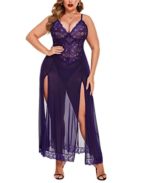 Avidlove Plus Size Lingerie For Women Babydoll Sexy Mesh Maxi Nightdress Strappy Exotic Sleepwear Side Slits
