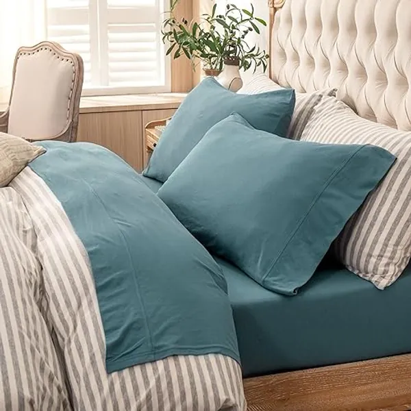 PURE ERA Jersey Knit 4pc Bed Sheet Set 100% T-Shirt Cotton Super Soft Comfy Breathable Fits Mattress Up to 20" Extra Deep Pocket (Solid Cerulean Blue,Full) - Cerulean Blue - Full