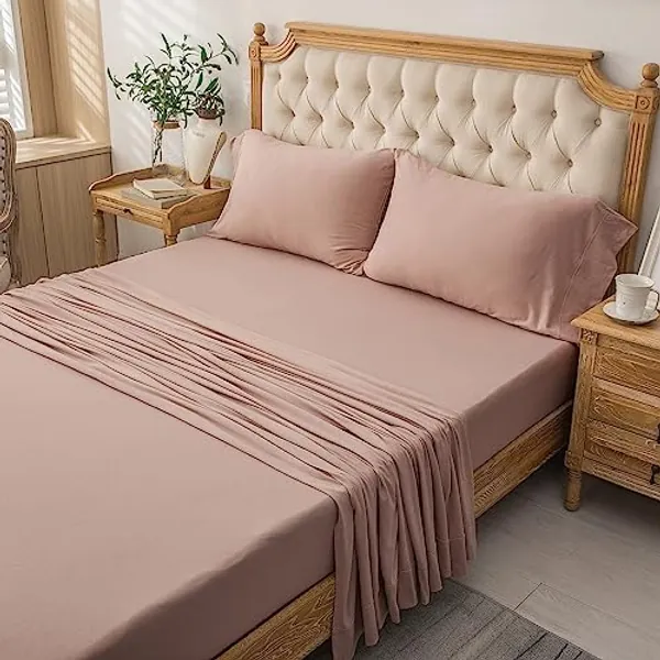 PURE ERA Jersey Knit 4pc Bed Sheet Set 100% T-Shirt Cotton Super Soft Comfy Breathable Fits Mattress Up to 20" Extra Deep Pocket (Solid Petal Pink, Full) - Solid Petal Pink - Full