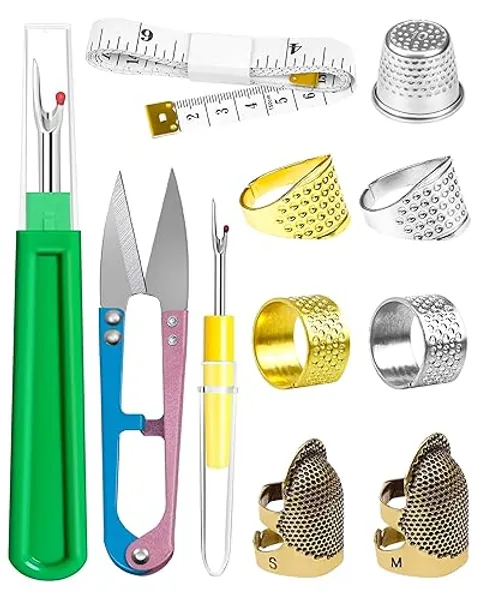 FIVEIZERO Thimble Kit– Sewing Thimbles for Hand Sewing, Metal Finger Protectors, Thimble Ring for Quilting and Embroidery, Includes Seam Ripper, Measuring Tape and Thread Snips - Basic Edition