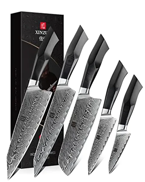 XINZUO 5-piece Damuscus Kitchen Knife Set,67 Layer Hand Forged Damascus Steel Professional Chef Knife Set with Gift Box, G10 Black Handle,Razor Sharp-Feng Series