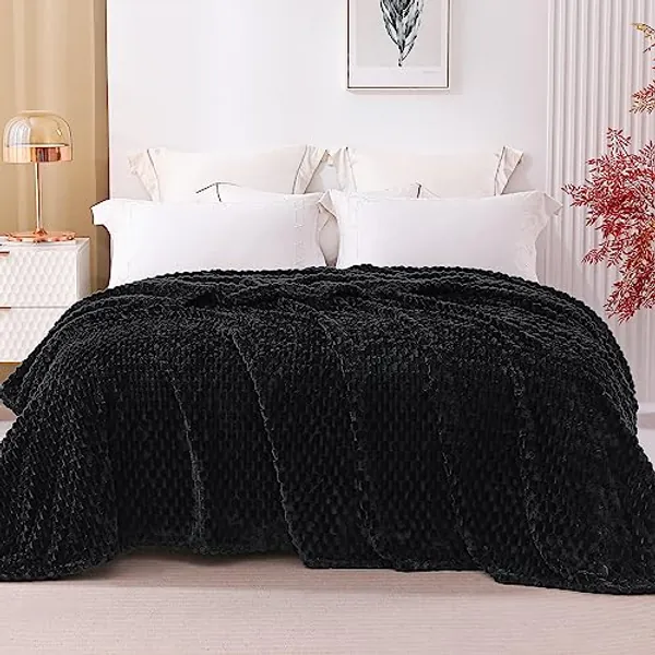 Exclusivo Mezcla Queen Size Flannel Fleece Blanket, 90x90 Inches 3D Clouds Stylish Jacquard Velvet Plush Bed Blanket, Cozy Soft Lightweight for All Season, Black Blanket