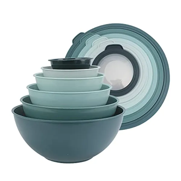 COOK WITH COLOR Mixing Bowls with TPR Lids - 12 Piece Plastic Nesting Bowls Set includes 6 Prep Bowls and 6 Lids, Microwave Safe Mixing Bowl Set (Teal)