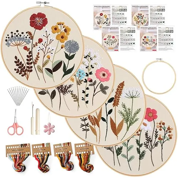Embroidery Kit, 4 Sets Cross Stitch Kits for Beginners with Stamped Flower Pattern, Starter Kits for Adults Hand Craft Lover with Embroidery Hoop, Instructions and Threads - Flower05