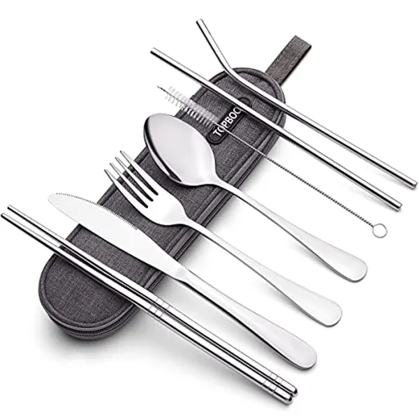 Portable Stainless Steel Flatware Set, Travel Camping Cutlery Set, Portable Utensil Travel Silverware Dinnerware Set with a Waterproof Case (Silver)
