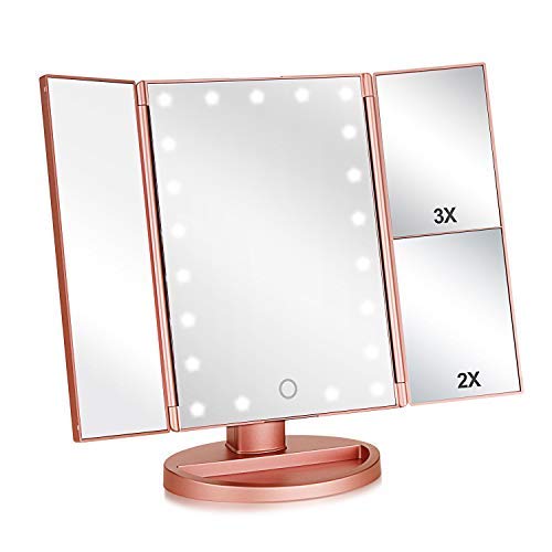 Specchio trucco illuminato con 21 luci a led, trucco specchio da trucco con  ingrandimento 3x / 2x / 1x e touch screen, cosmetico trifold tavolo  ingrandimento degli occhi Ma