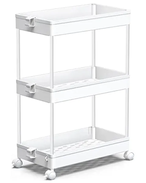 SPACEKEEPER Rolling Storage Cart 3 Tier, Bathroom Cart Organizer Laundry Room Organizer Utility Cart Mobile Shelving Unit Multi-Functional Shelves for Office, Kitchen, Bathroom, White