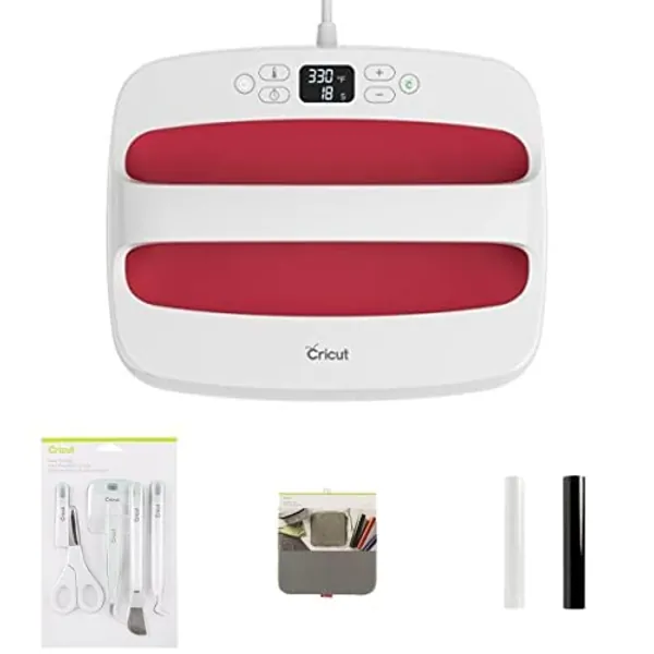 Cricut EasyPress 2 Heat Press (12x10) Rasberry - Iron-On Starter Bundle, Includes 5-Piece Tool Kit, Heat Press Mat, 2 Iron-On Vinyl Rolls - Black & White