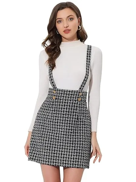 Allegra K Damen Latzrock Verstellbare Hosenträger Hohe Taille Elegant Karo Rock Latzrock - L - Schwarz