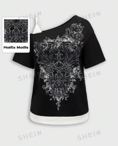 ROMWE Grunge Punk Grunge Style Music Festival Outfit Printed Rhinestone Asymmetrical Neck Plus Size T-Shirt, School