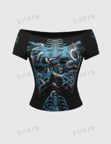 ROMWE Goth Women's Gothic Skeleton Snake And Skull Pattern Fitted T-Shirt With Tight Round Neckline And Mysterious Feeling, School