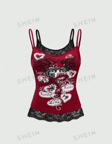 ROMWE Grunge Punk Women's Vintage Heart Gothic Print Camisole