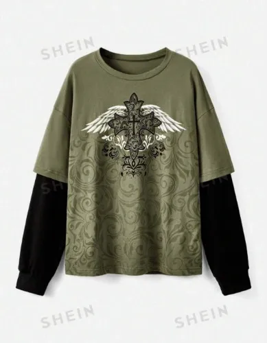 ROMWE Grunge Punk Women's Color Block Wing Pattern Drop Shoulder Long Sleeve 2 In 1 T-Shirt, School